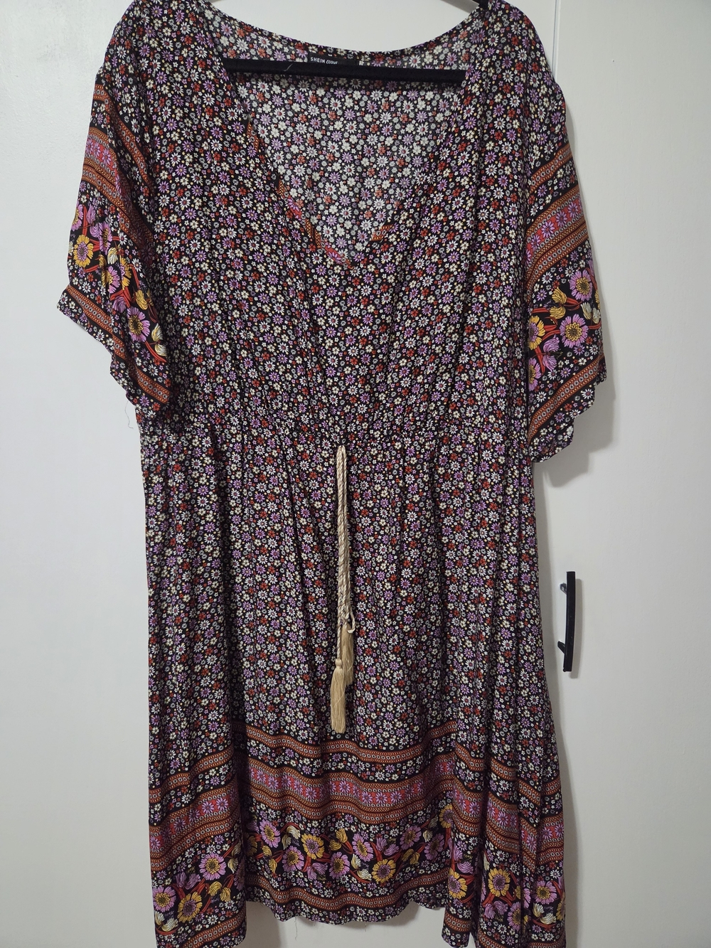 SHEIN Black Floral Boho Midi Dress with Tassel Tie